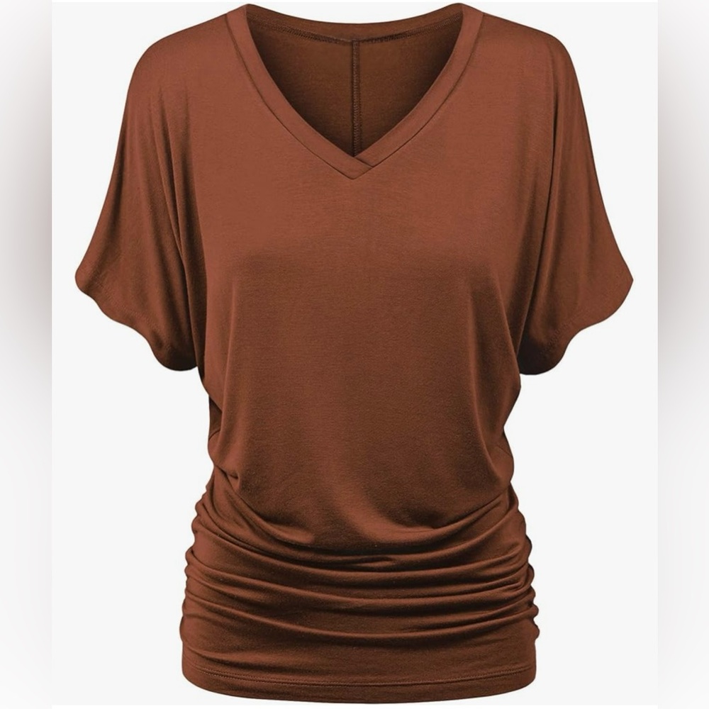 Solid Short Sleeve Boat Neck/V Neck Dolman Top T Shirt with Side Shirring - Picture 1 of 6